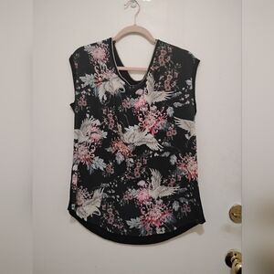 Edista Los Angeles Black Floral Crane Print Sleeveless Top – Size L